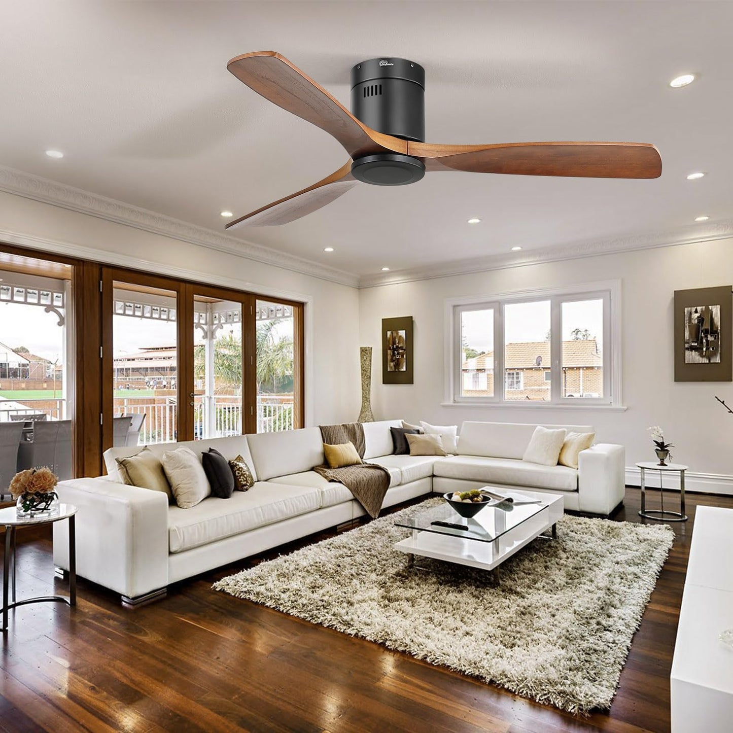 Sofucor 52 Inch Ceiling Fan Without Lights Flush Mount Ceiling Fan with Remote Control, Wood Blades Modern Outdoor Ceiling Fan No Light for Bedroom/Farmhouse/Patio/Indoor