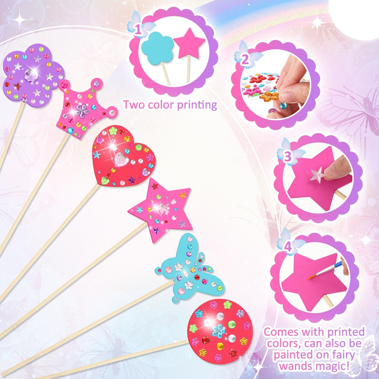 Juexica 24 Pcs Princess Fairy Wand Kit Includes 24 Make Your Own Princess Accessories 6 Styles Unfinished Wooden Fairy Wand and 6 Gem Stickers for Girls DIY Magical Craft(Rose Red, Purple, Pink, Blue) Juexica