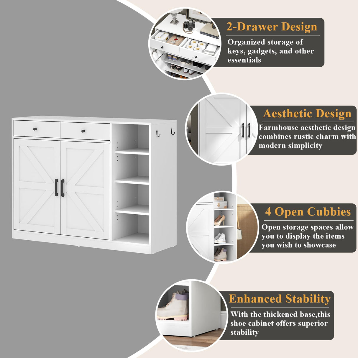 Loomie 5-Tier Shoe Cabinet with 4 Side Cubbies, Farmhouse Shoe Rack Cabinet with 6 Adjustable Shelves & 2 Drawers, Freestanding Shoe Storage Cabinet with 4 Brackets & 2 Hooks for Entryway (White) Loomie