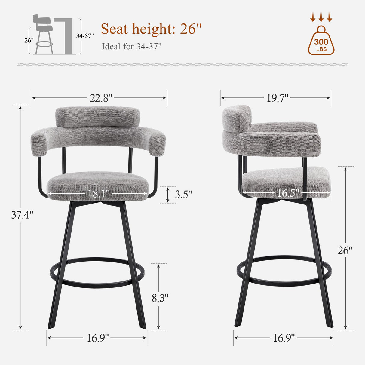 JIRAIN 26’’ Swivel Counter Height Bar Stools, Modern Counter Stools with Round Back, Linen Upholstered Barstools with Round Footrest for Kitchen Island, Home Pub, Set of 2, Grey JIRAIN