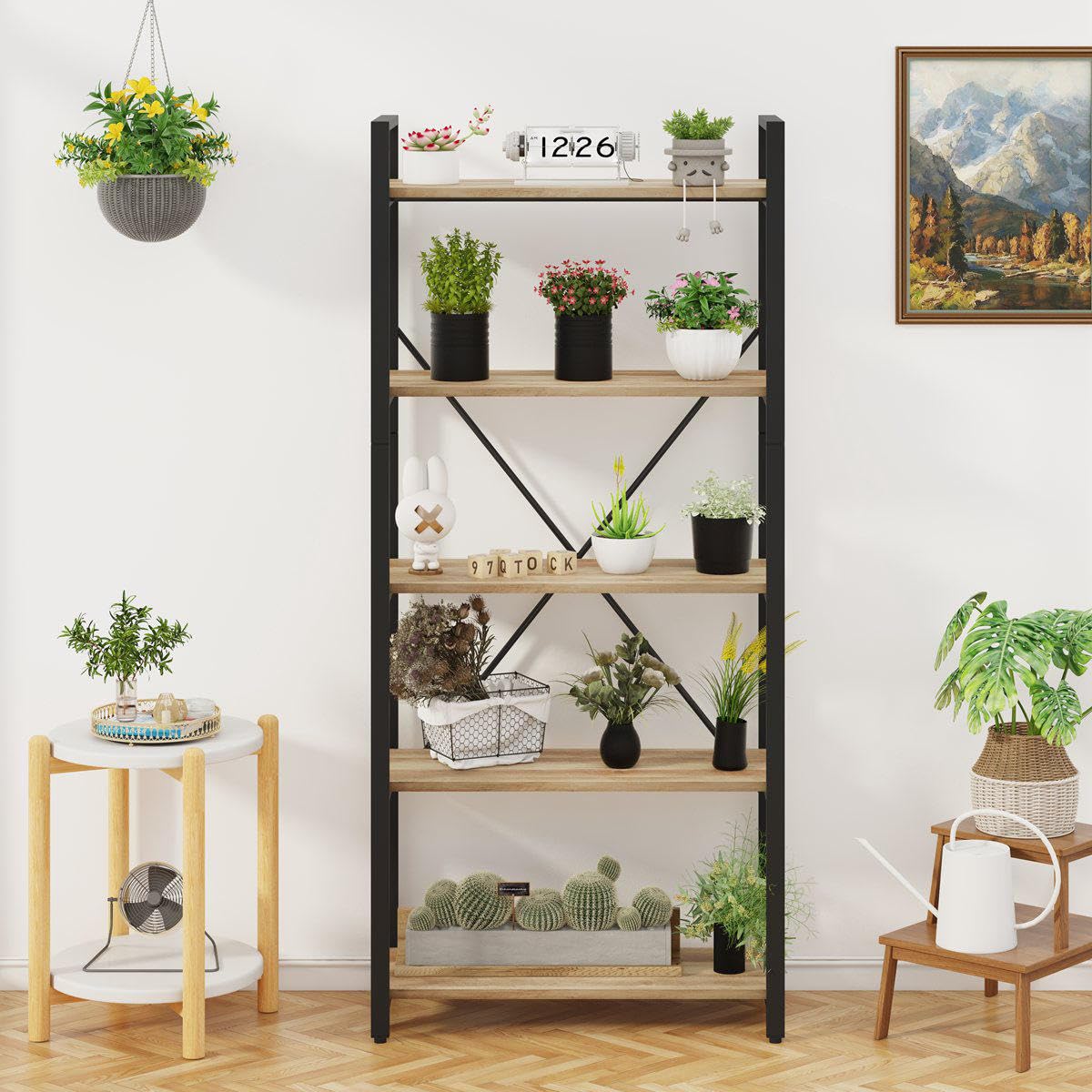 FATORRI 5-Tier Rustic Oak Industrial Bookshelf – Stylish Wood and Metal Etagere Bookcase FATORRI