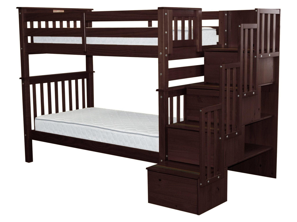 Bedz King Tall Stairway Bunk Beds Twin over Twin with 4 Drawers in the Steps, Dark Cherry Bedz King