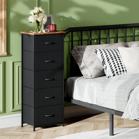Somdot Dresser for Bedroom,Chest of Drawers Storage Organizer,Steel, MDF,Non-Woven Fabric Drawers,Closet Bedside Living Room Entryway Hallway,11.8"D x 16.5"W x 45.1"H (5 Drawers) Black Rustic Brown,1 Somdot