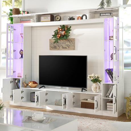LUXOAK 98" Wide Wall Unit TV Stand with Storage for TVs up to 80", Large Modern TV Console Table with LED Lights, Entertainment Center with Bookshelves for Living Room, White LUXOAK