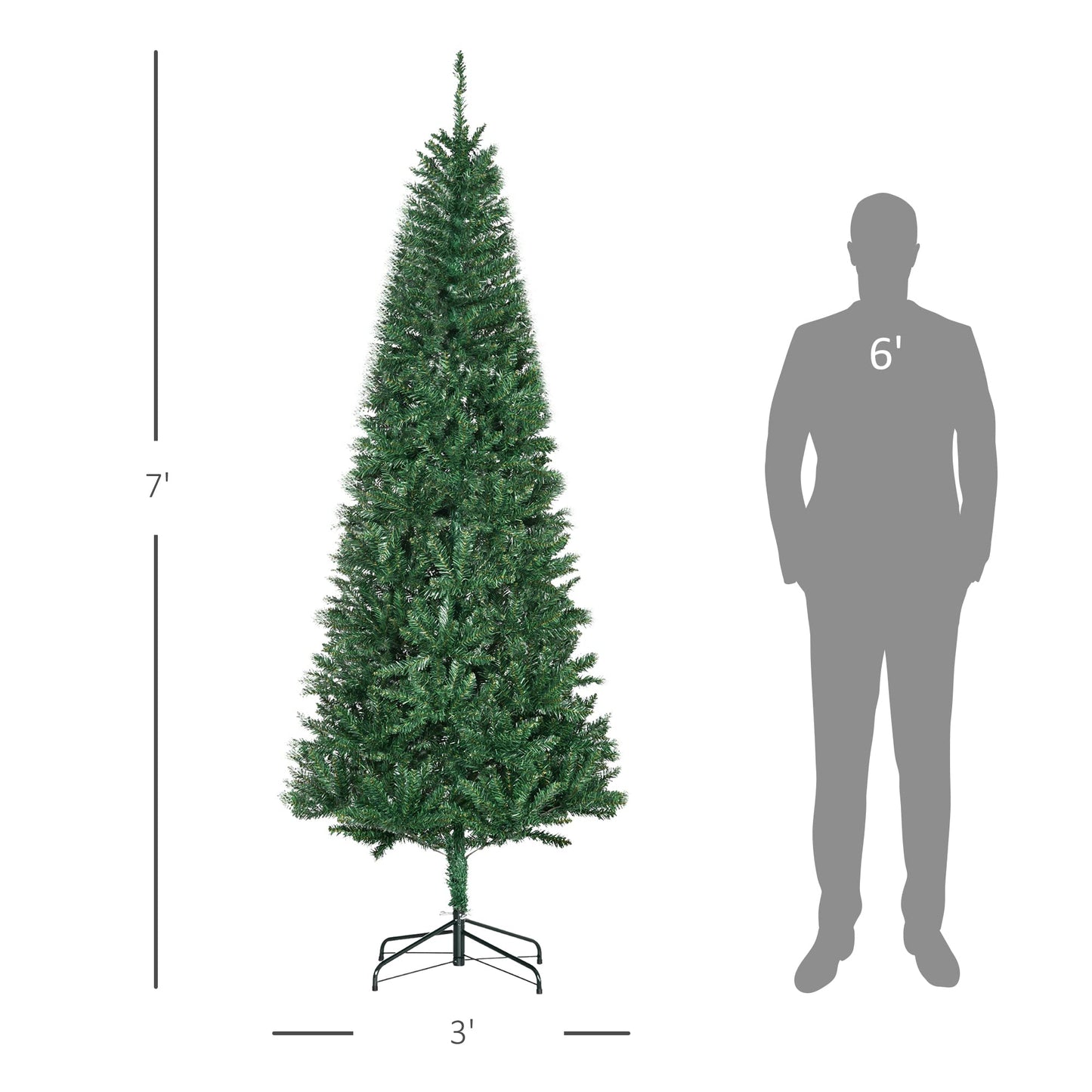 HOMCOM 7' Tall Unlit Slim Fir Artificial Christmas Tree with Realistic Branches, and 865 Tips, Green