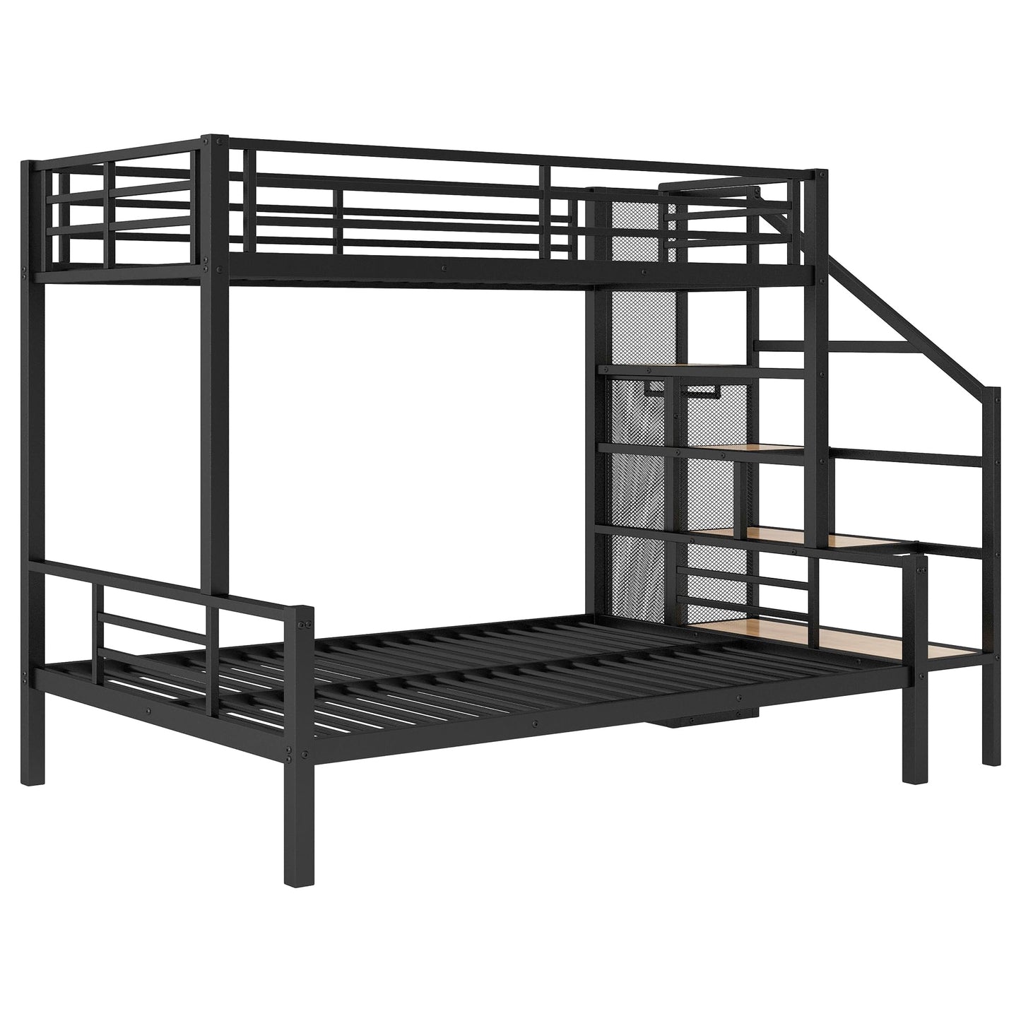 Harper & Bright Designs Twin Over Full Bunk Bed with Stairs, Metal Stairway Bunk Bed Frame with Storage and Open Wardrobe, for Kids Teens Adults - Black