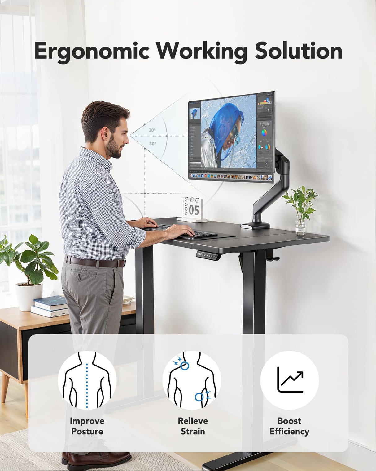 HUANUO 48 x 24 inch Electric Standing Desk, Height Adjustable Table with Headphone Hooks & Cable Manager, Sit to Stand up Desk for Home Office, Black HUANUO