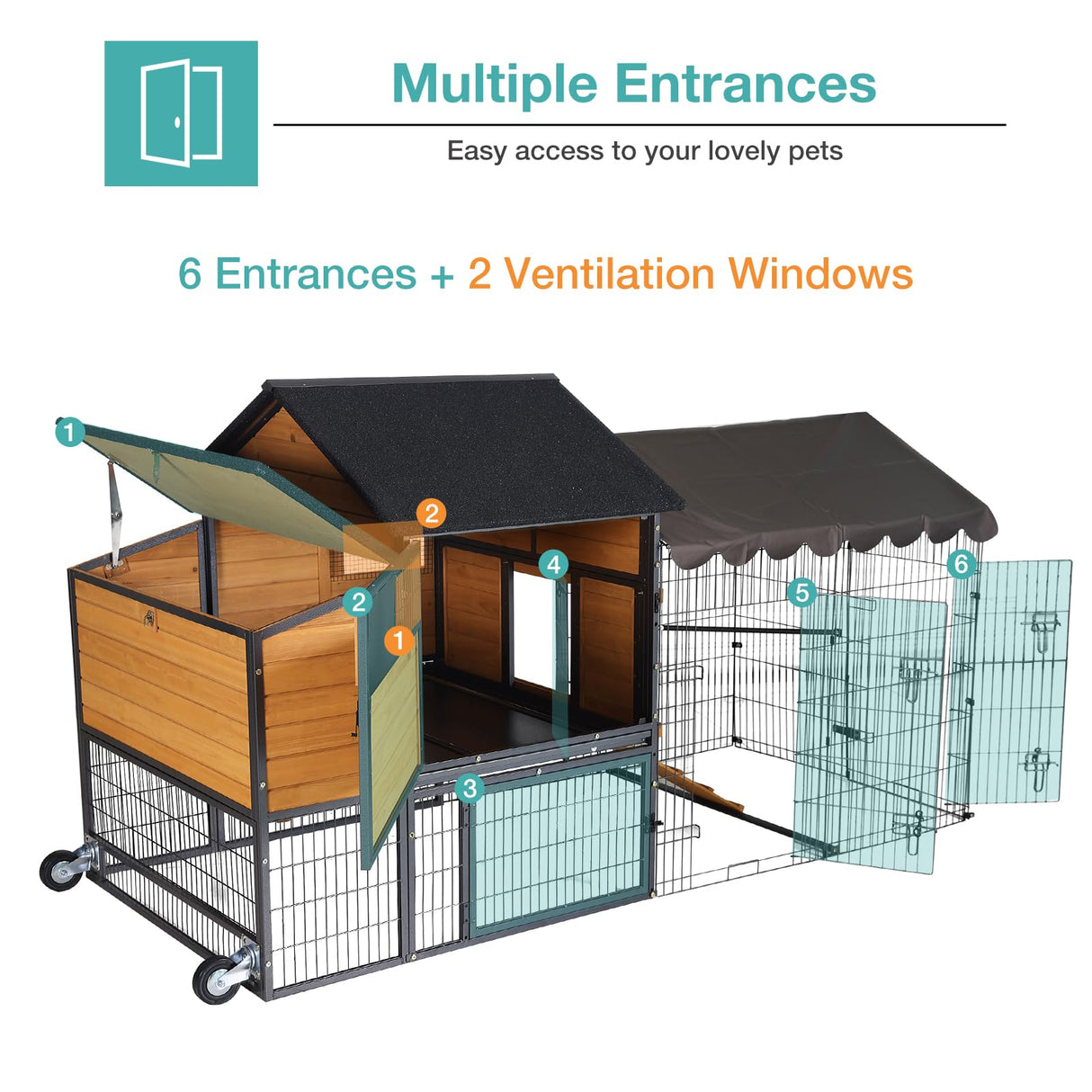 Large Chicken Coop for 4-6 Chickens,Mobile Combination of Metal and Wood Hen House Poultry Cage with Metal Run, Nesting Box,Waterproof Rain Cover Duck Coop Suumerpety