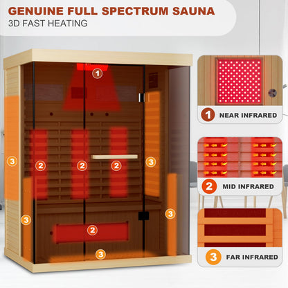 SAUNAERA Full Spectrum Infrared Sauna，2-3 Person Home Sauna，Wooden Canadian Hemlock Indoor Spa Sauna with Resonance Speaker, Panoramic Tempered Glass Door