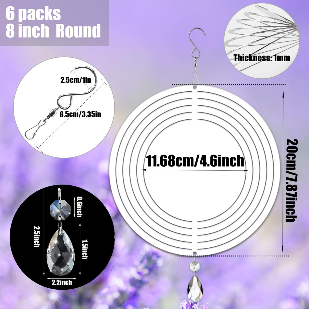 WindMage 6 Pack 8inch Sublimation Wind Spinner Blanks 3D Aluminum Metal Wind Sculpture Kinetic Spinners for Yard and Garden Indoor Art Ornaments Hanging Decoration (Round) WindMage