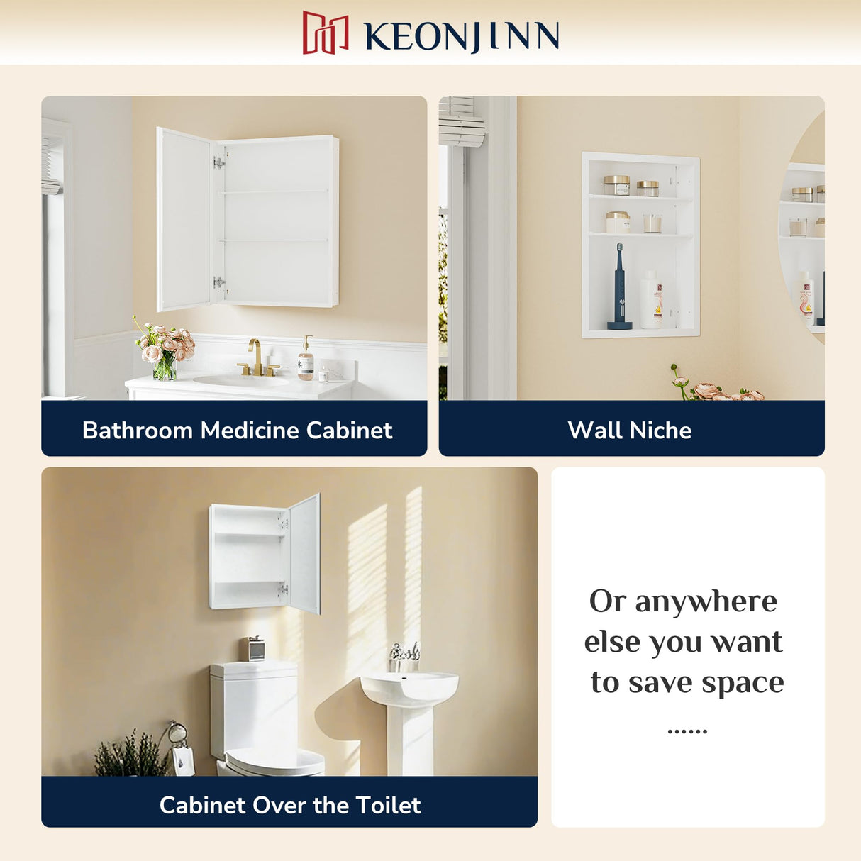 Keonjinn Small Medicine Cabinet 14 x 18 Inch, Assembly Needed, Bathroom Medicine Cabinets Mirror, Lightweight, Adjustable Shelves, Wall Mount or Recessed, Tempered Glass Keonjinn