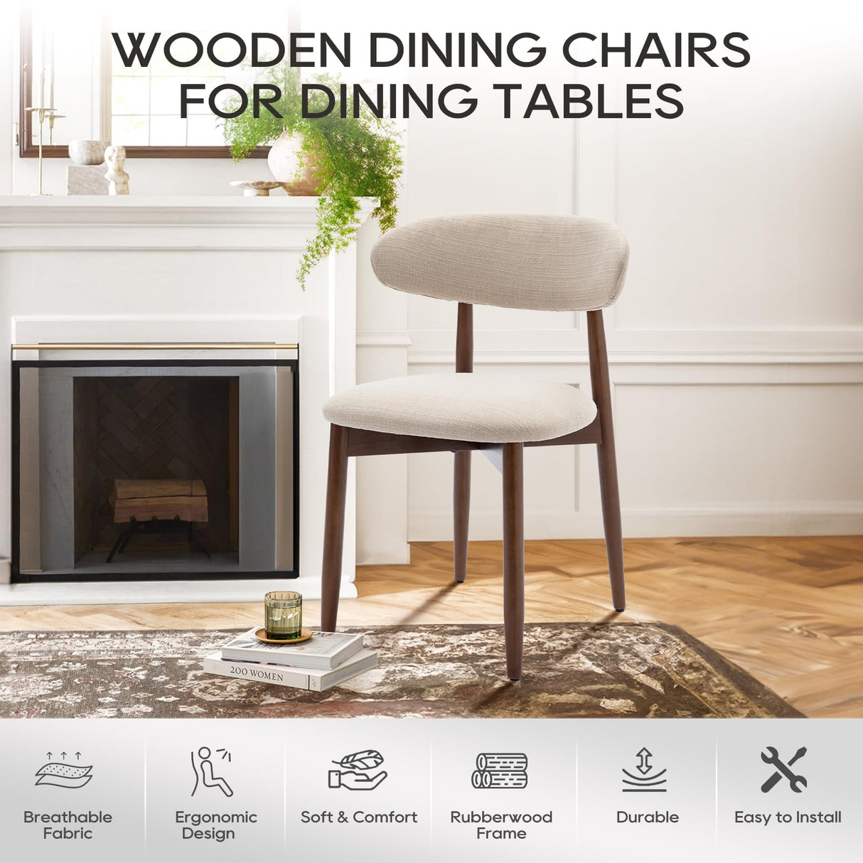 COLAMY Wooden Dining Chairs Set of 6, Modern Fabric Upholstered Dining Room Chair, Farmhouse Kitchen Side Chairs with Foot Pegs, Beige COLAMY