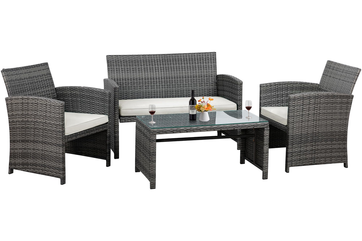 Shintenchi 4 Piece Patio Ratten Set Outdoor Furniture Set Wicker Conversation Set with Cushions and Tempered Glass Tabletop,Beige Shintenchi