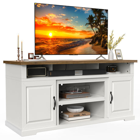 Marsail Modern Farmhouse TV Stand, Entertainment Center with Storage Cabinets, Adjustable Shelves and Power Outlets for Televisions up to 80 Inch, TV Console Table for Living Room, Brown&White Marsail