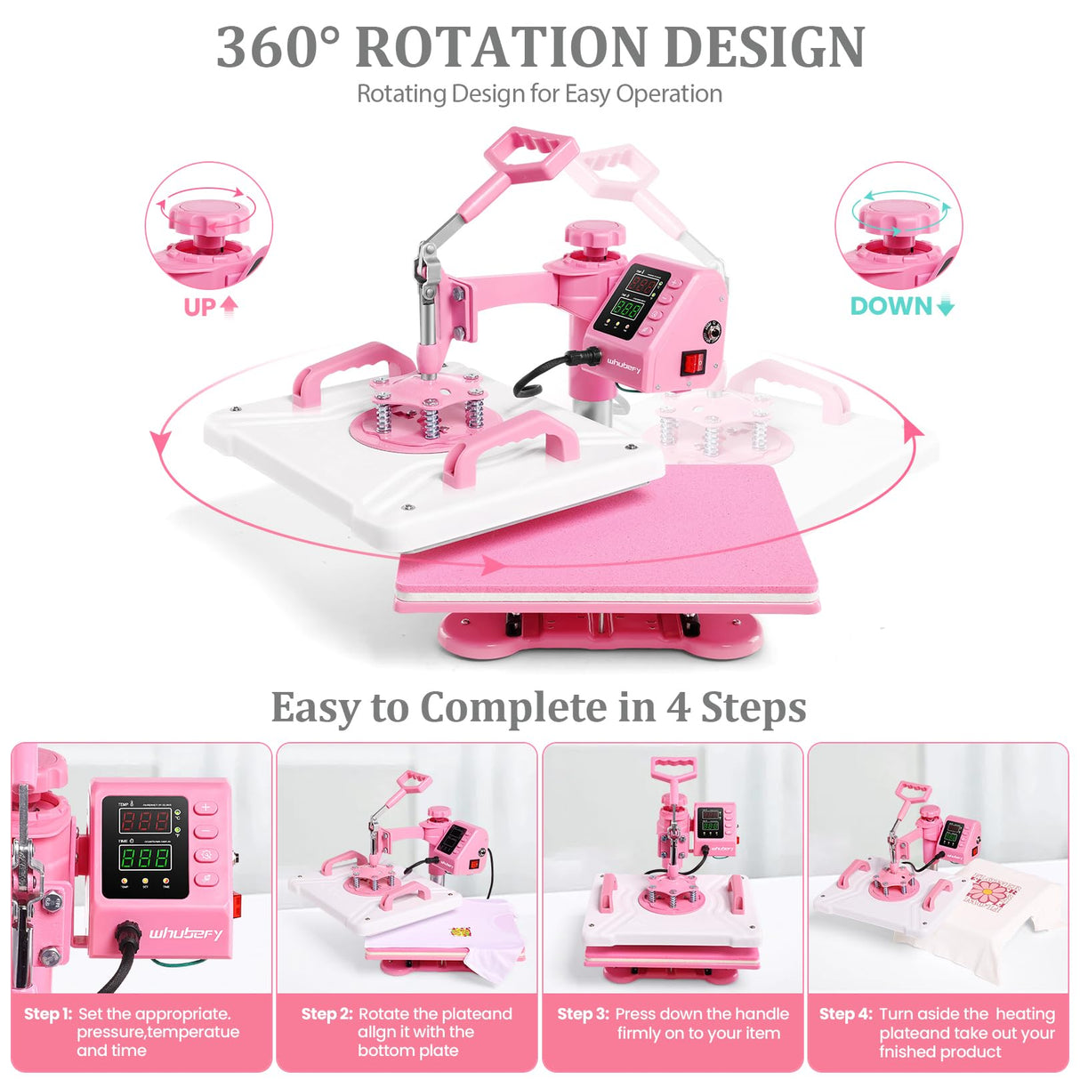 Whubefy Heat Press 12x15, 5 in 1 Heat Press Machine 360° Swing Away, Pink Sublimation Heat Press Digital Heat Transfer with 11oz Tumbler Press Machine, Heat Press Machine for Hat Cap Mug Plate Whubefy