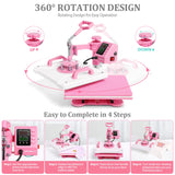 Whubefy Heat Press 12x15, 5 in 1 Heat Press Machine 360° Swing Away, Pink Sublimation Heat Press Digital Heat Transfer with 11oz Tumbler Press Machine, Heat Press Machine for Hat Cap Mug Plate Whubefy