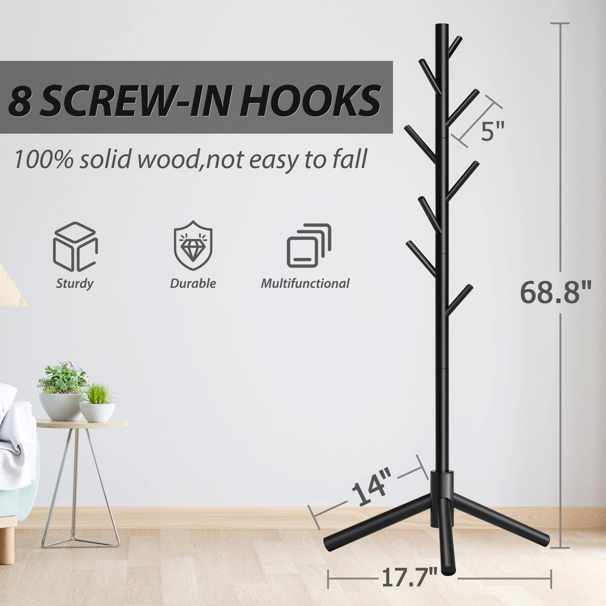 Unisakey Durable Wooden Coat Rack Stand(New Black), Freestanding Coat Rack with Stable Triangular Base, 8 Hooks & 3 Adjustable Heights, Simple Assembly for Bedroom, Hallway, Office Unisakey