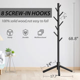 Unisakey Durable Wooden Coat Rack Stand(New Black), Freestanding Coat Rack with Stable Triangular Base, 8 Hooks & 3 Adjustable Heights, Simple Assembly for Bedroom, Hallway, Office Unisakey
