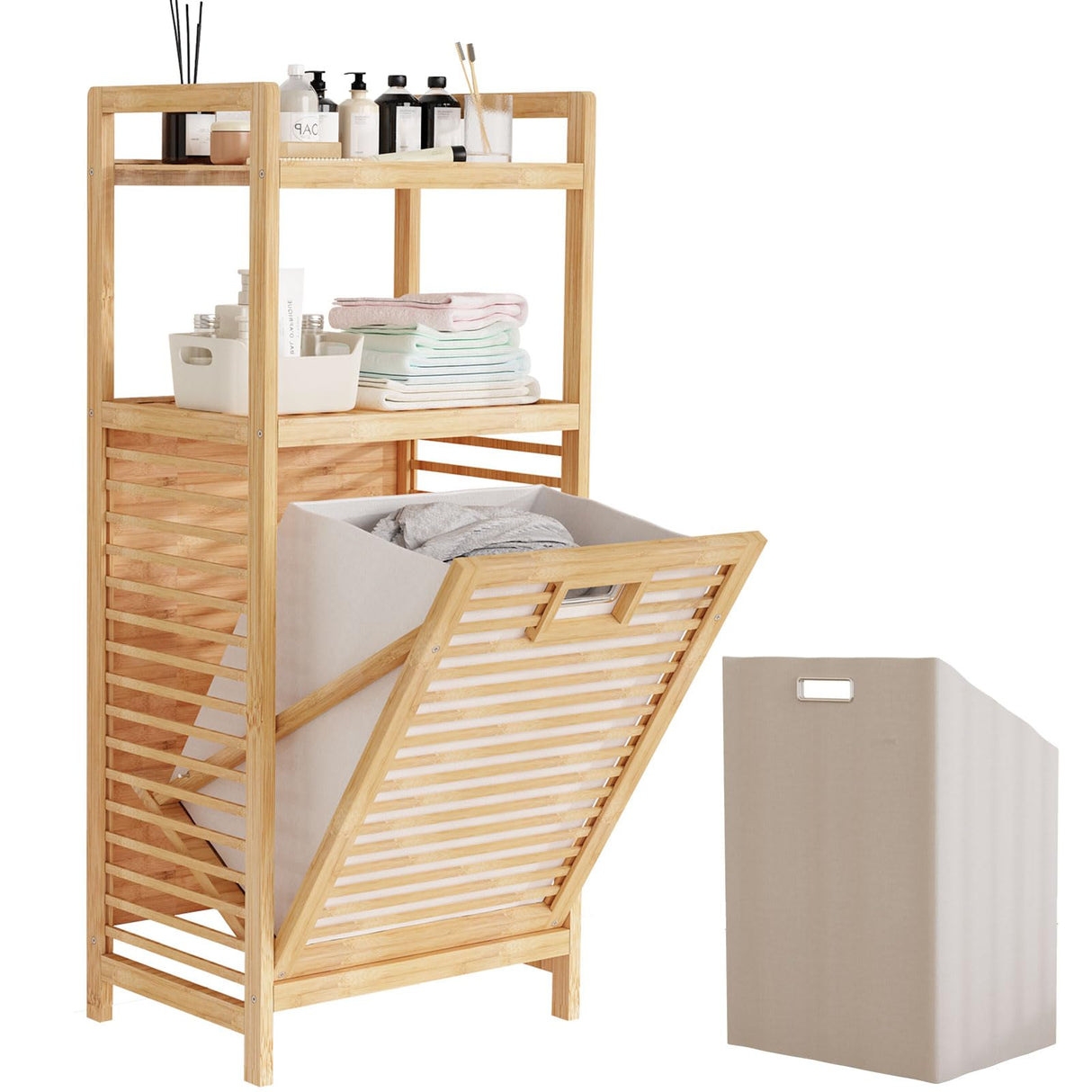 Lkeiyay Laundry Hamper Tilt-Out Laundry Linen Hamper Bamboo, 2 storage shelves and Removable Lining for Bedroom,Laundry Room,bathroom storage cabinet Lkeiyay