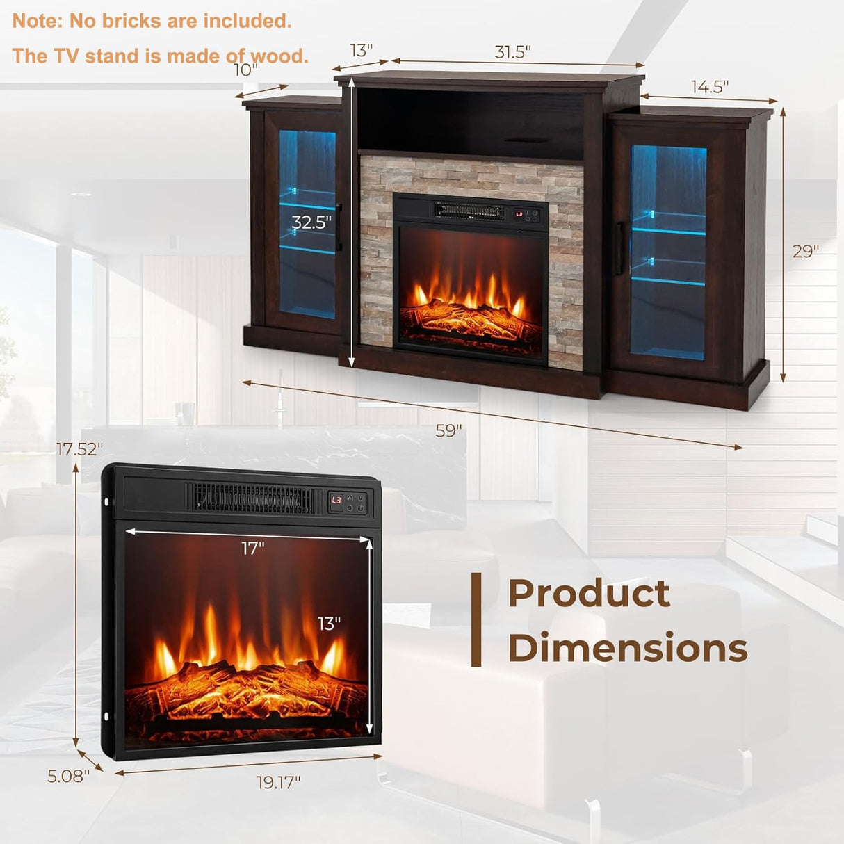 COSTWAY Electric Fireplace TV Stand for TVs Up to 65 Inches, 18-inch Fireplace Insert with APP & Remote Control, 16 Color Lights, Wooden Entertainment Center with Adjustable Shelves (Dark Brown) COSTWAY