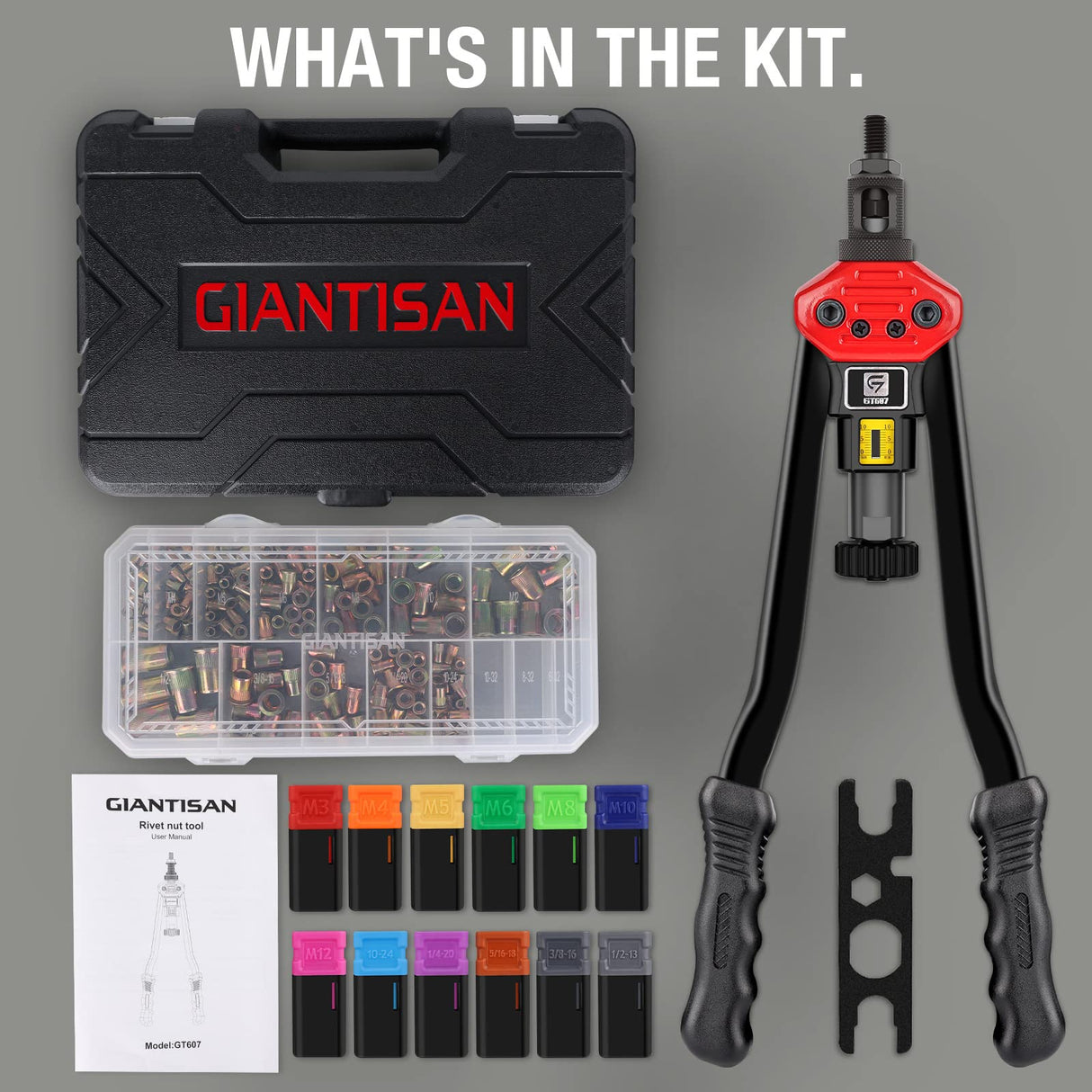 Rivet Nut Tool, GIANTISAN 16-Inch Rivnut Tool Kit with 12 Metric and SAE Mandrels, 176Pcs Rivet nut Assortment Kit, and Rugged Carrying Case G GIANTISAN
