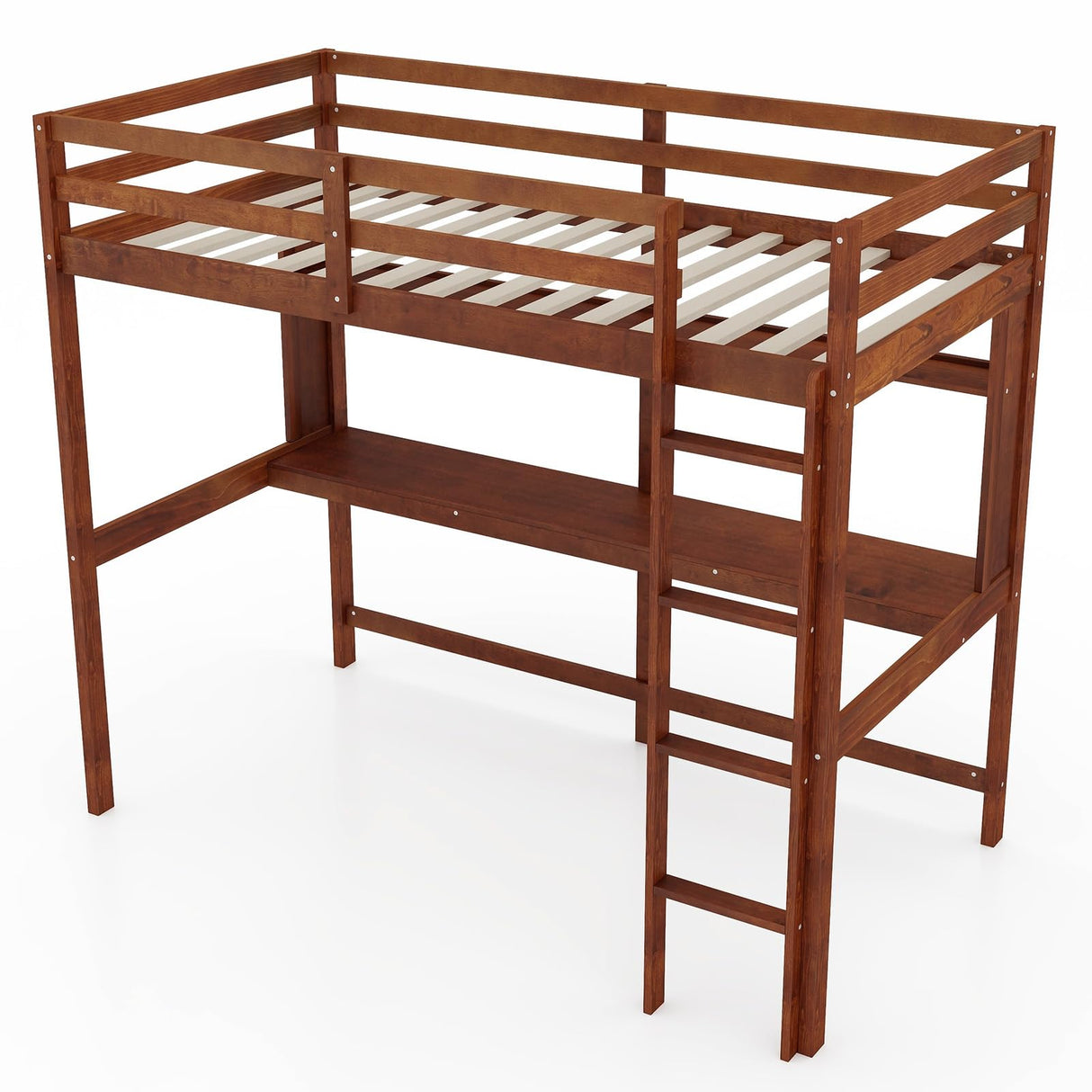 Giantex Walnut Twin Loft Bed with Integrated Desk and Bookshelf for Kids Giantex