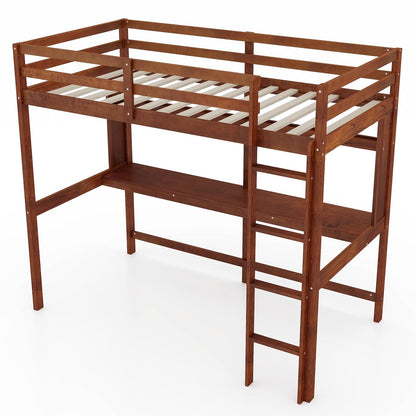 Giantex Walnut Twin Loft Bed with Integrated Desk and Bookshelf for Kids - WoodArtSupply