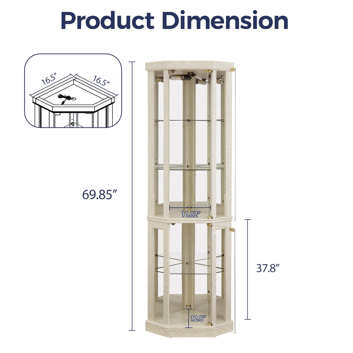 Trygoal Lighted 3-Side Glass Display Curio Cabinet, Corner China Cabinet with Tempered Glass Doors, Wooden Display Case with Light Bulb for Living Room, Antique White Trygoal