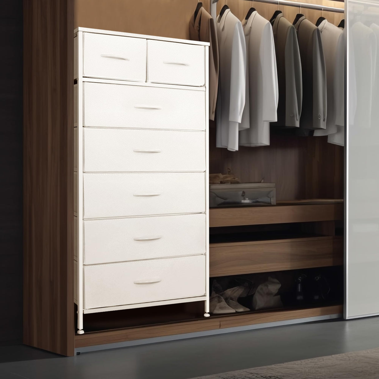 Mifuro Tall Dresser for Bedroom, Vertical Storage Organizer Tower with 7 Drawers, Chest of Drawers with Fabric Bins, Steel Frame, Wood Top for Bedroom, Closet, Entryway- White Mifuro