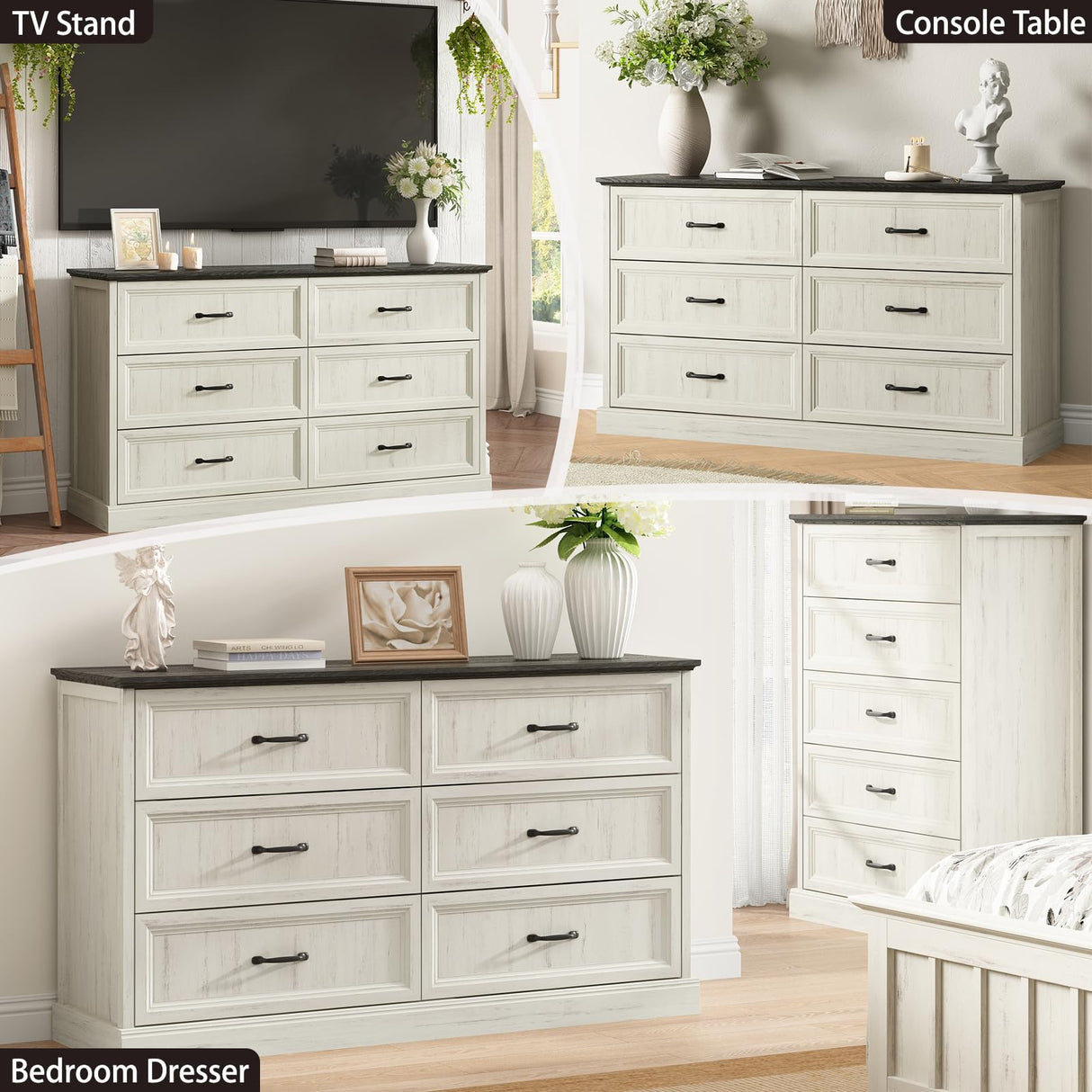 Farmhouse 6 Drawer Dresser for Bedroom, 55 Inch Wide Modern White Dresser TV Stand with Large Drawers & Bar Handles, Rustic Wood Chest of Drawers for Bedroom, Living Room, Hallway, Entryway. CARPETNAL