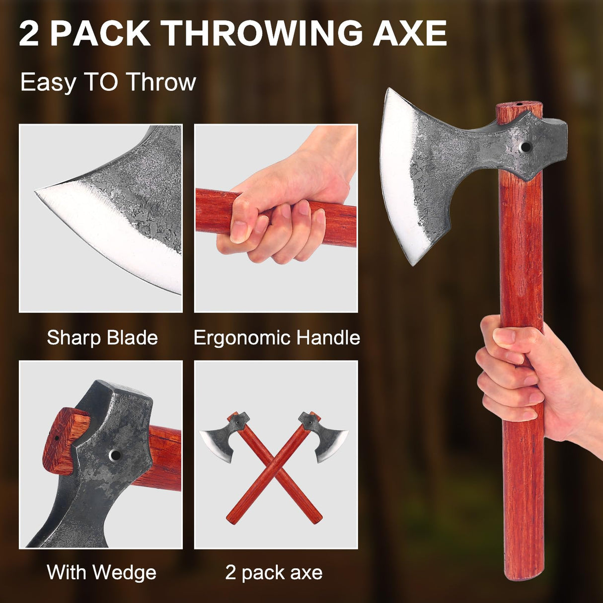 16" Throwing Axe Set with Beech Wood Handle, Professional Throwing Hatchet Set of Two, Viking Style Throwing Tomahawks with Steel Wedge for Adults' Competition and Outdoor Recreation, Red LUIOUS