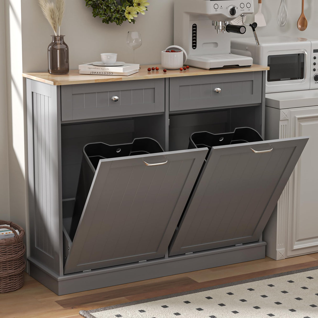 Spurgehom Double Tilt Out Trash Cabinet Kitchen Island,Laundry Hamper Pull Out Trash Can Cabinet 2X13 Gallon Freestanding Pet Proof Trash Can Garbage Can Holder for Living Room Dining Room,Grey Spurgehom