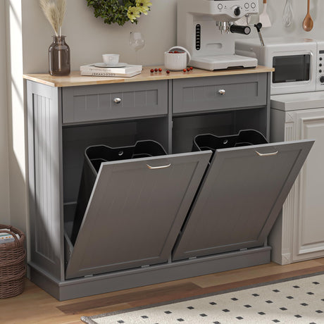Spurgehom Double Tilt Out Trash Cabinet Kitchen Island,Laundry Hamper Pull Out Trash Can Cabinet 2X13 Gallon Freestanding Pet Proof Trash Can Garbage Can Holder for Living Room Dining Room,Grey Spurgehom