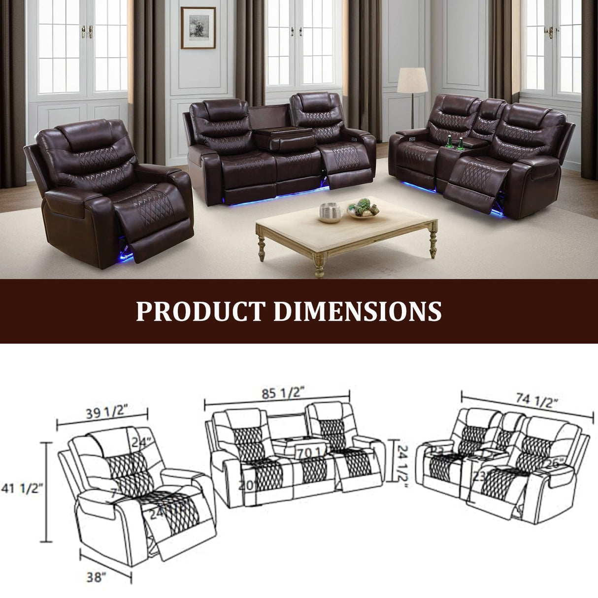 GEBADOL Power Recliner Sofa Set, Leather Recliners with Built-in USB Ports/Storage Console, Reclining Couch Set for Living Room/Home Theatre/Office (Brown, Sofa+LOVESEAT+Chair) GEBADOL