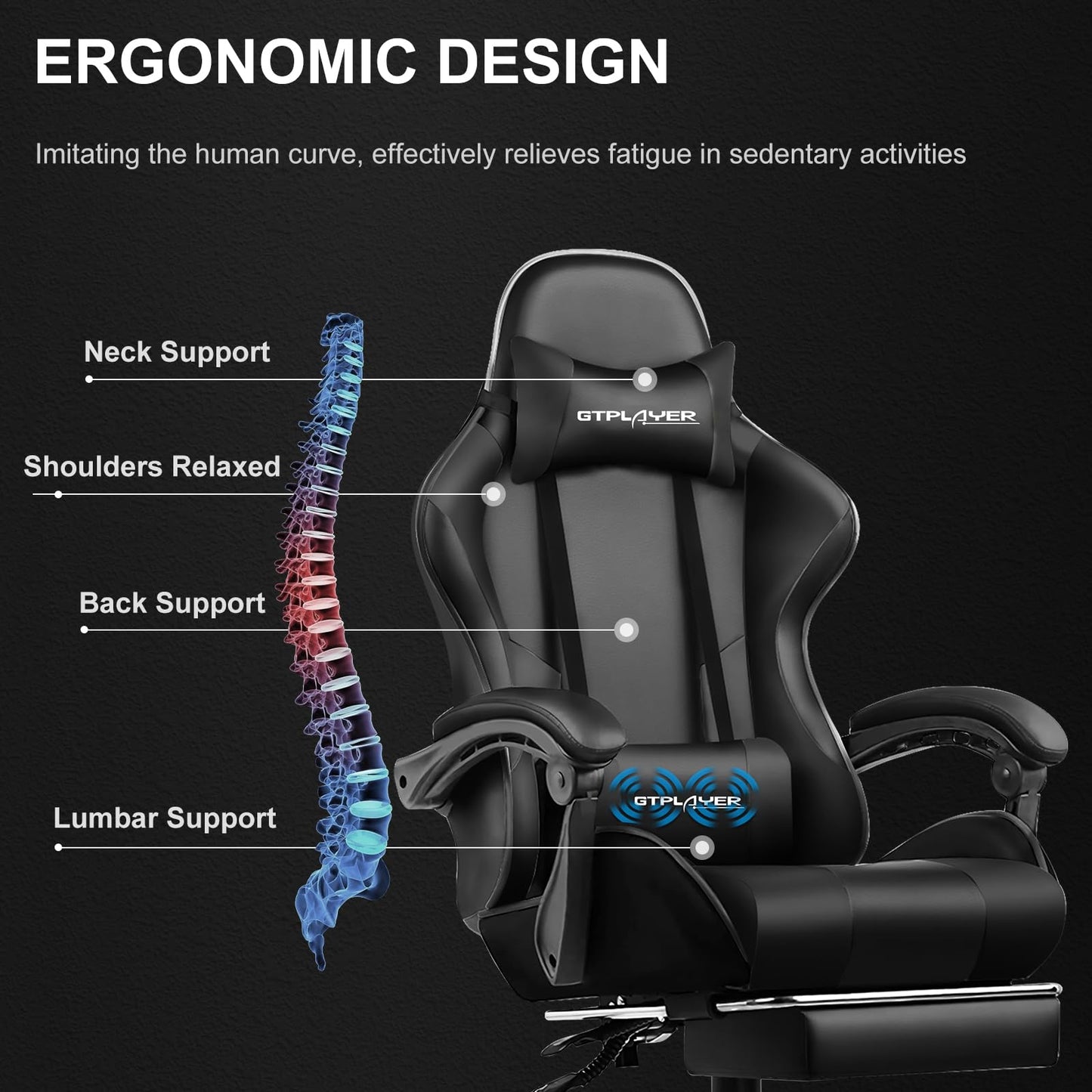 GTPLAYER Gaming Chair, Computer Chair with Footrest and Lumbar Support, Height Adjustable Game Chair with 360°-Swivel Seat and Headrest and for Office or Gaming (Faux Leather, Black)