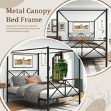 Queen Canopy Bed Frame, Metal Canopy Beds with 4 Poster Design and Geometric Accented Headboard and Footboard, No Box Spring Needed, Underbed Storage Space HomJoones