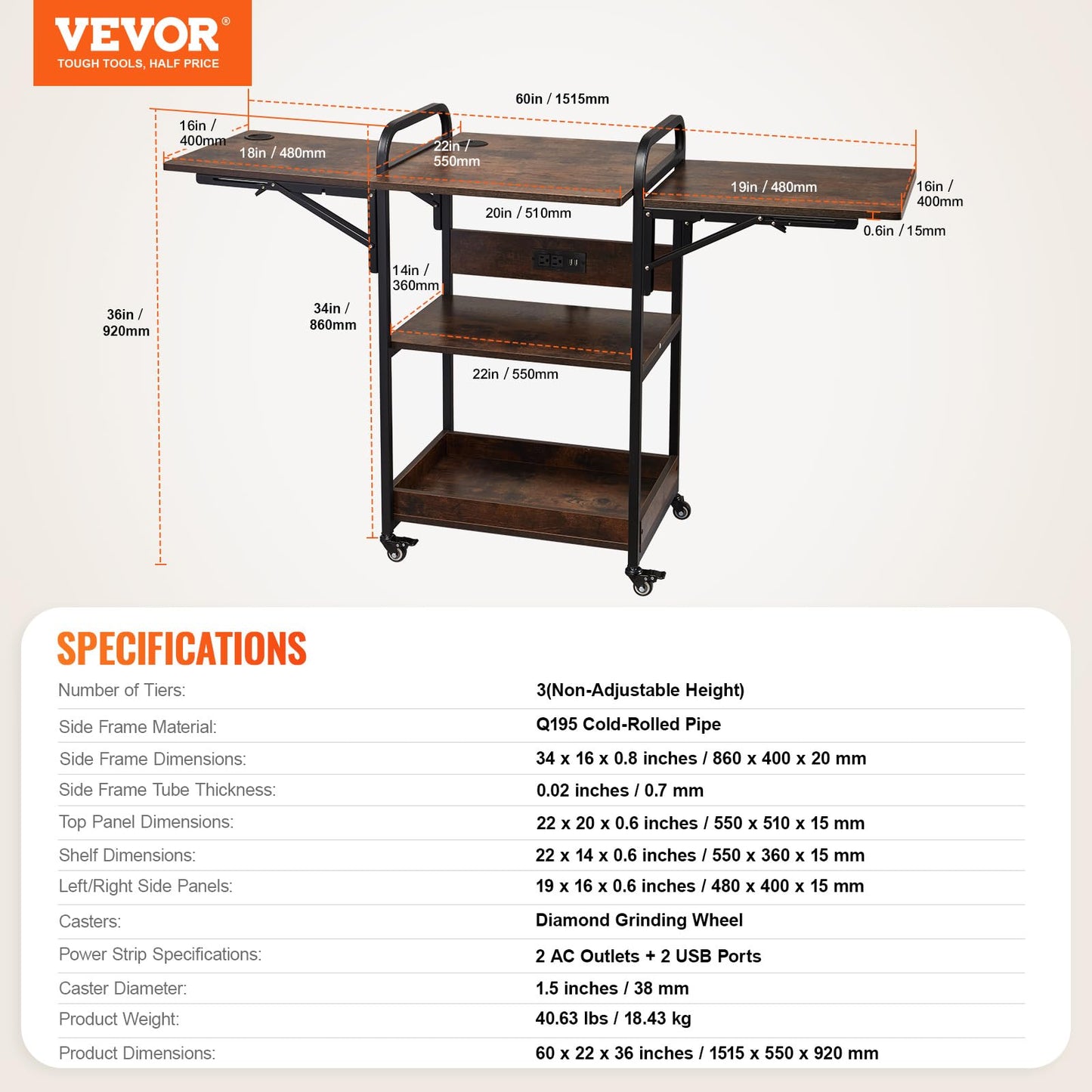 VEVOR 3 Tier Movable Heat Press Table with Charging Station, Foldable Heat Press Stand with Vinyl Roll Holder, Heavy Duty Rolling Metal Workbench for DIY Sublimation Transfer Machine and Printer