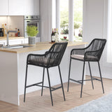 JOIVI Wicker Bar Stools Set of 2, Patio Outdoor Rattan Rope Bar Height Chairs with Cushions, Armrest and Footrest for Indoor, Garden, Poolside, Lawn, Backyard, Black JOIVI