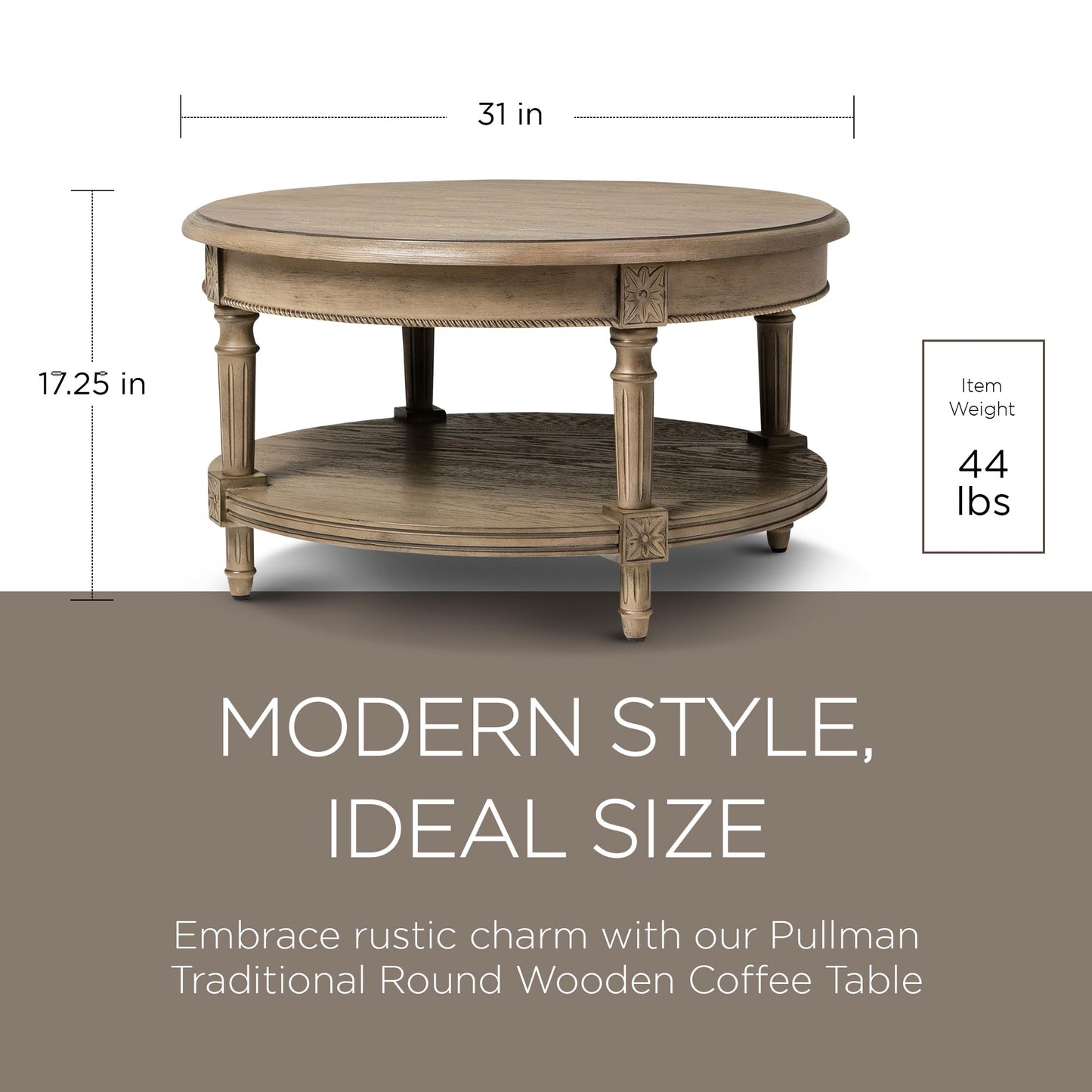 Maven Lane Pullman Large Curved 2 Tier Traditional Round Circle Wooden Center Coffee Table with Shelf Storage in Rustic Antiqued Grey Finish - WoodArtSupply