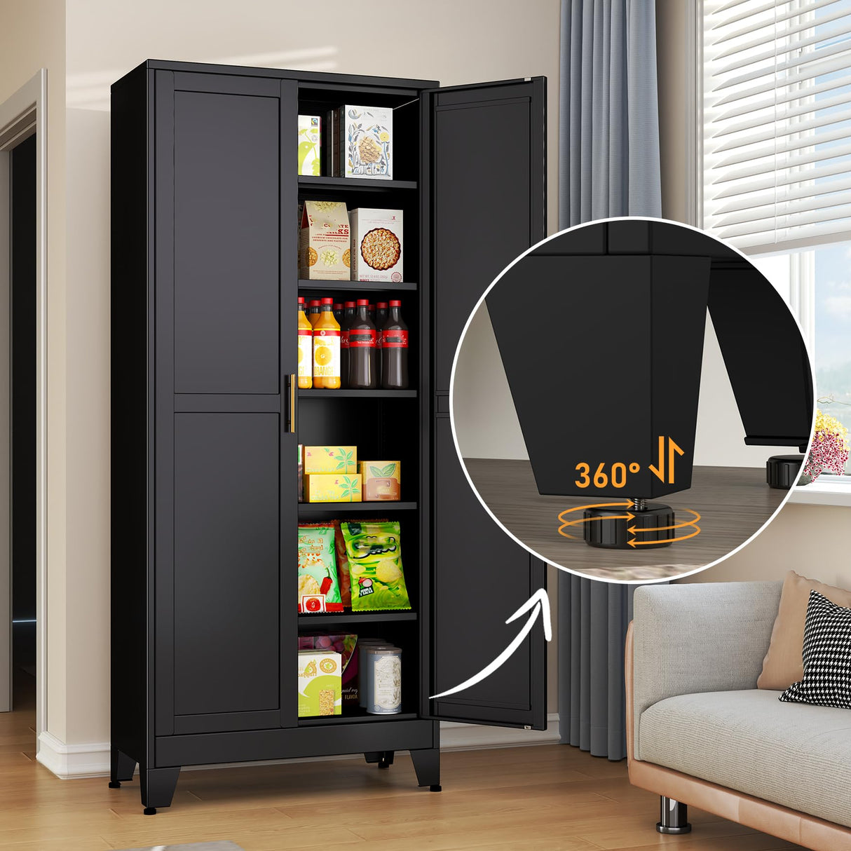 RISTERN Black Metal Storage Cabinet,75" Steel Cabinets for Home Office, Kitchen Pantry Storage Cabinet with Doors and 5 Adjustable Shelves, Tool Cabinets, for Office, Home, Garage, School RISTERN