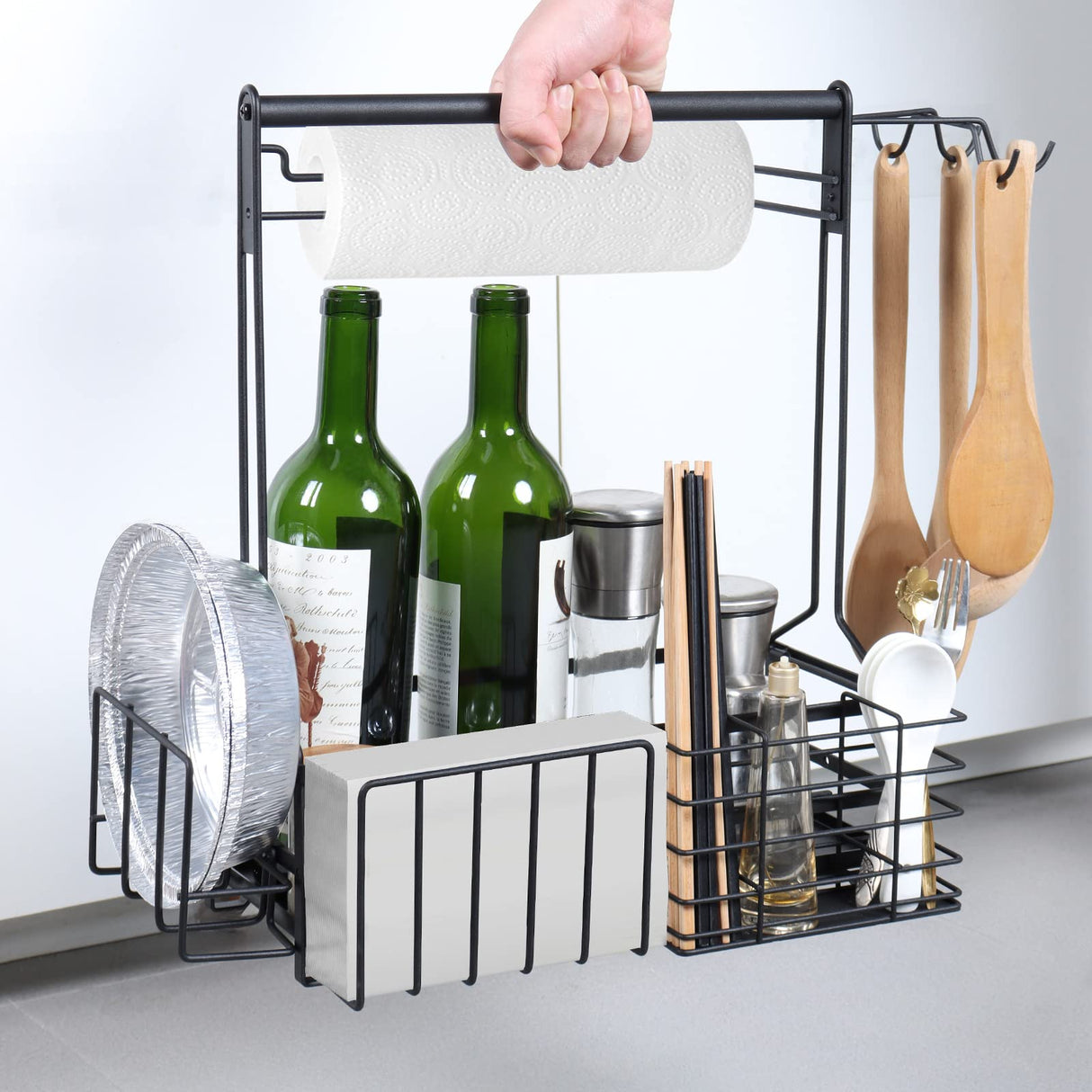 BBQ and Grill Caddy with Paper Towel Holder, Iron Steel Handle & 4 Hooks – Camper Accessories Condiment Caddy – Plates, Cutlery and BBQ Organizer for Camping Outdoor Grilling Tool Accessories ZDDLOINP