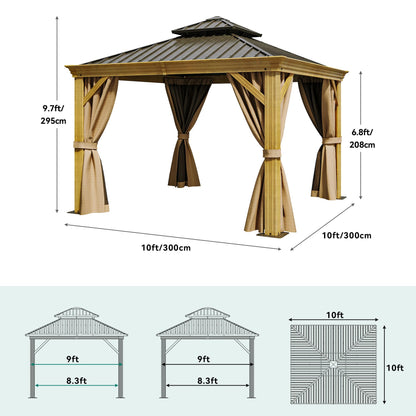 YITAHOME 10x10ft Hardtop Gazebo with Nettings and Curtains, Wood Grain Heavy Duty Double Roof Galvanized Steel Outdoor Combined of Vertical Stripes Roof for Patio, Backyard, Deck, Lawns, Brown