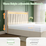 koorlian Queen Bed Frame with 4 Dustproof Drawers and 2-Tier Storage Headboard, 51”Tall Upholstered Platform Bed Frame with Adjustable Headboard, Charging Station, LED Lights, Easy Assembly, Beige koorlian