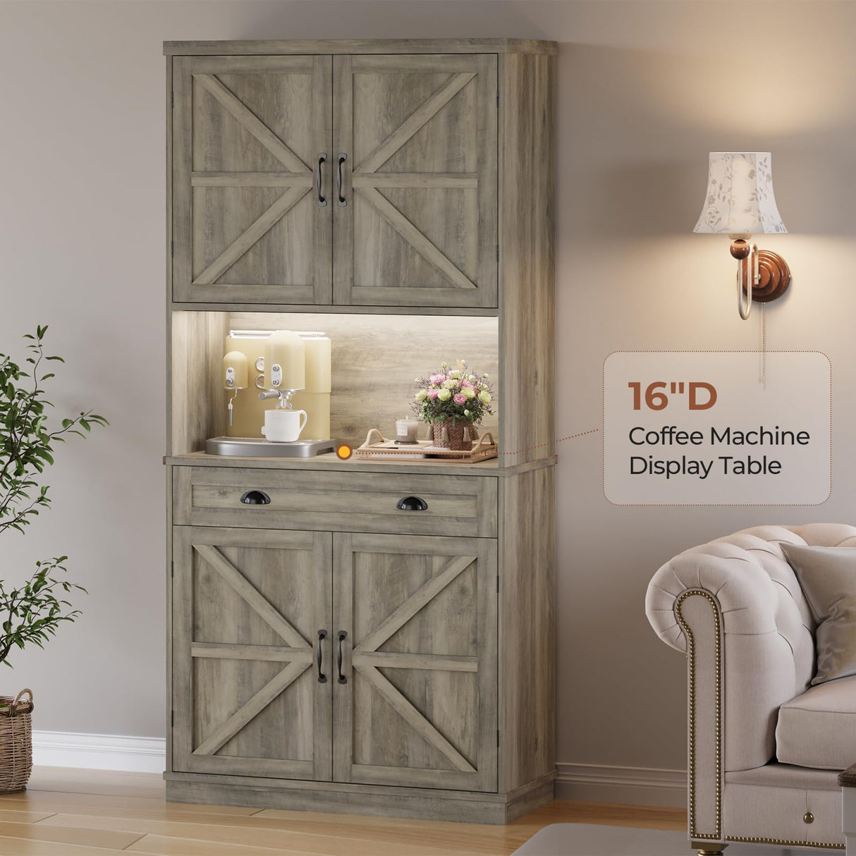 UPOSOJA Farmhouse Kitchen Pantry Cabinet with Operation Table, 72.6" Storage Cabinet with LED Lights and Power Strip, Adjustable Shelves for Dining Room, Bathroom, Living Room (Gray) UPOSOJA