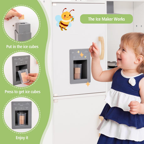 HONEY JOY Corner Kids Kitchen Playset, Ultimate Wooden Play Kitchen for Toddlers, Washing Machine, Ice Maker, Sink, Microwave, Little Chef Pretend Play Toy Kitchen Set, Gift for Boys Girls, White HONEY JOY