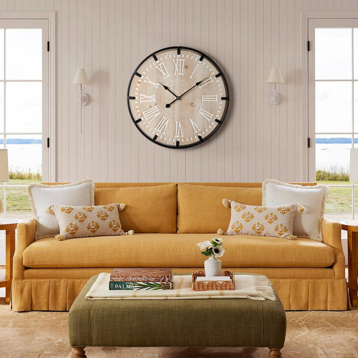 Vantic Farmhouse 24 Inch Extra Large Decorative Wall Clock with Metal Circle, Oversized Wood Wall Clock with Large Roman Numeral for Living Room, Bedrooms and Offices, Silent and Battery Operated Vantic