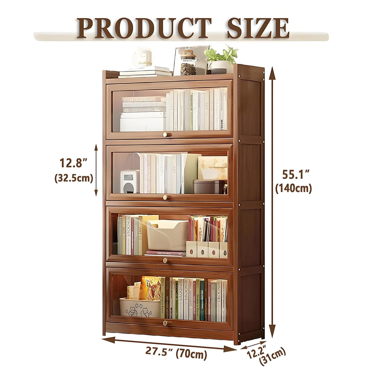 qeknxks 55" Bamboo Bookcases,Book Shelfs with Acrylic Doors,Freestanding Display Storage Shelves for Collectibles,4 Tier Tall Bookshelfs & Bookcases for Living Room Bedroom Home Office qeknxks