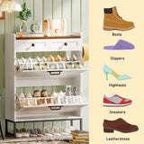 YGEOMER Shoe Cabinet Storage for Entryway, Farmhouse Shoes Organizer Rack with 2 Flip Drawers and 2 Fabric Drawers, Narrow Slim Shoe Cabinet for Door Entrance, White YGEOMER