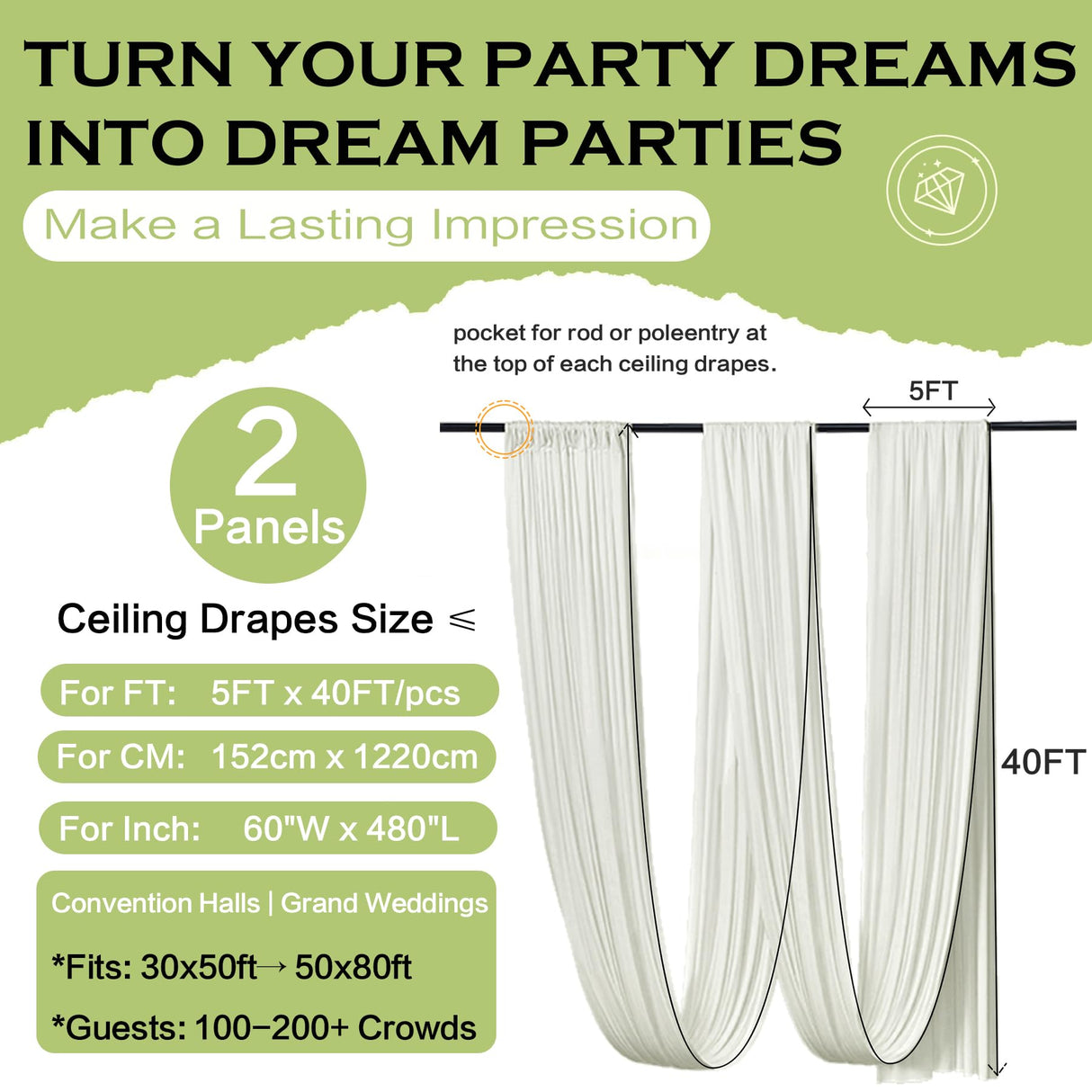 PartyVillage 10ftx40ft Ivory Ceiling Curtain for Wedding Parties – 2 Panels Wrinkle-Free 40 FT Long Tent Draping Curtains for Wedding, Birthday & Theme Parties, 40ft Height with Rod Pocket Party Village
