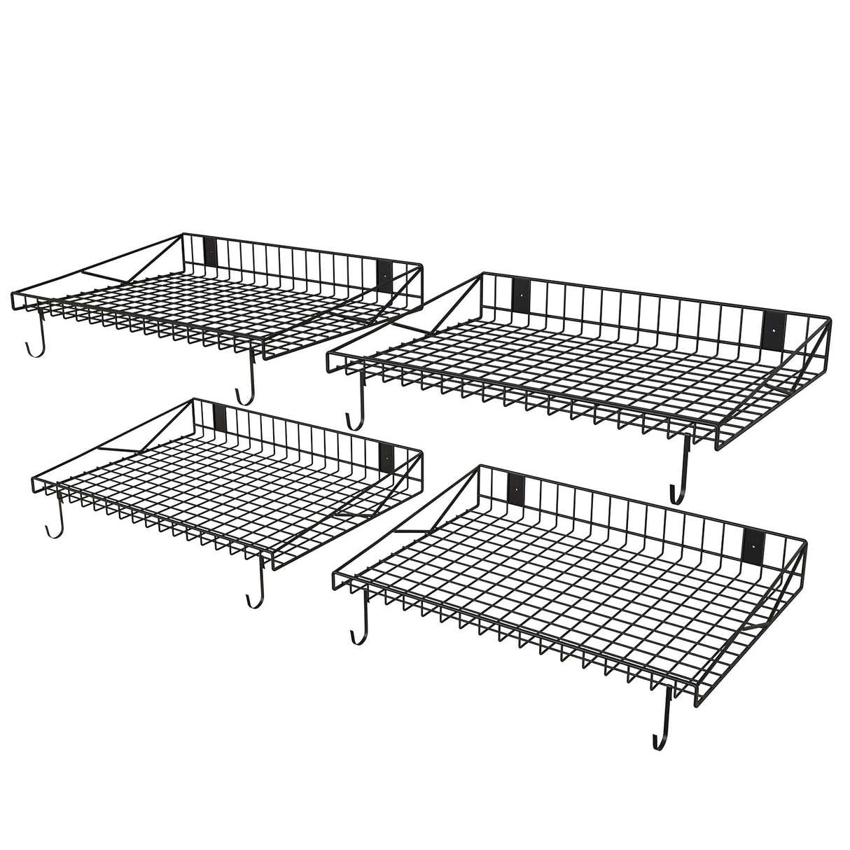 4 Pack Garage Wall Shelf, Garage Wall Mounted Shelving, Heavy Duty Floating Shelves With 8 Hooks, Loads 180 LBS Black Wall Shelves Mesh Storage Rack for Office, Basement, Wall Cabinet and Kitchen Riciakik